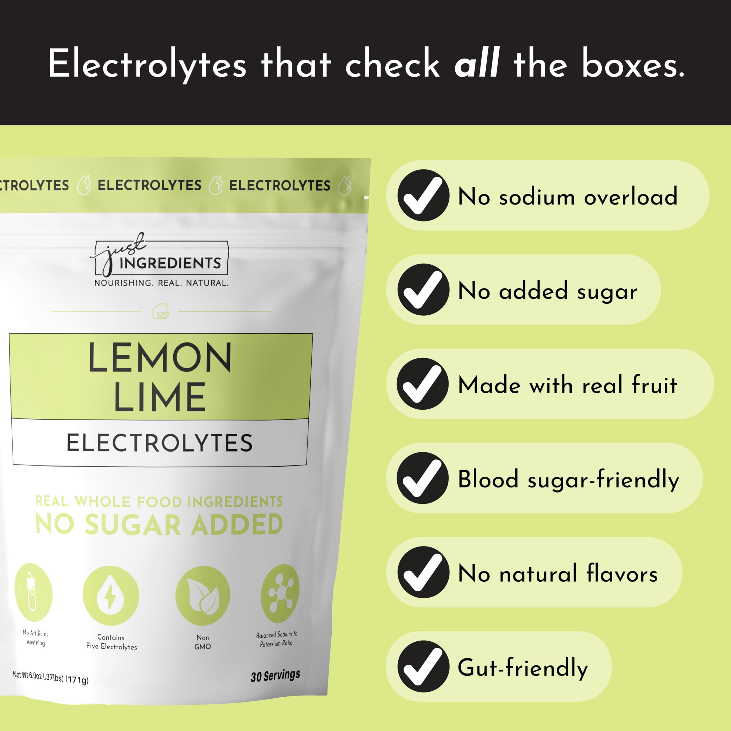 JUST INGREDIENTS Lemon Lime Electrolytes ingredients feature image highlights coconut water and sea salt.