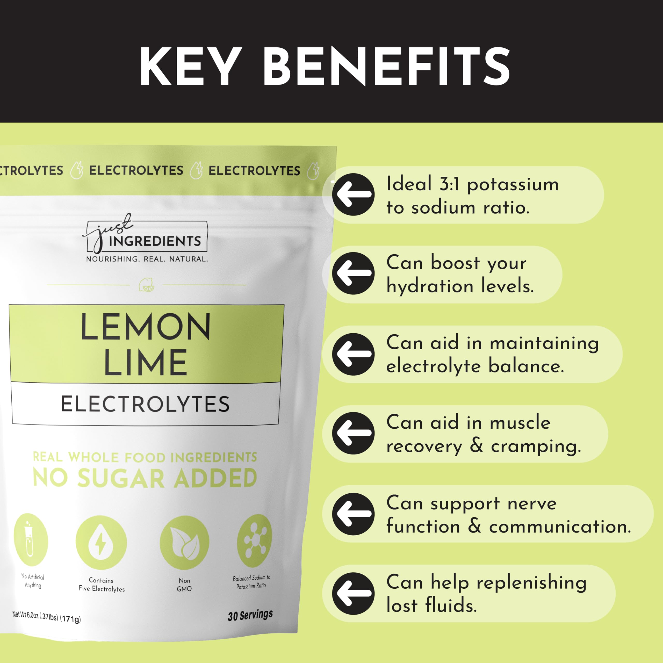 JUST INGREDIENTS Lemon Lime Electrolytes label detail focuses on natural ingredients and no fillers.