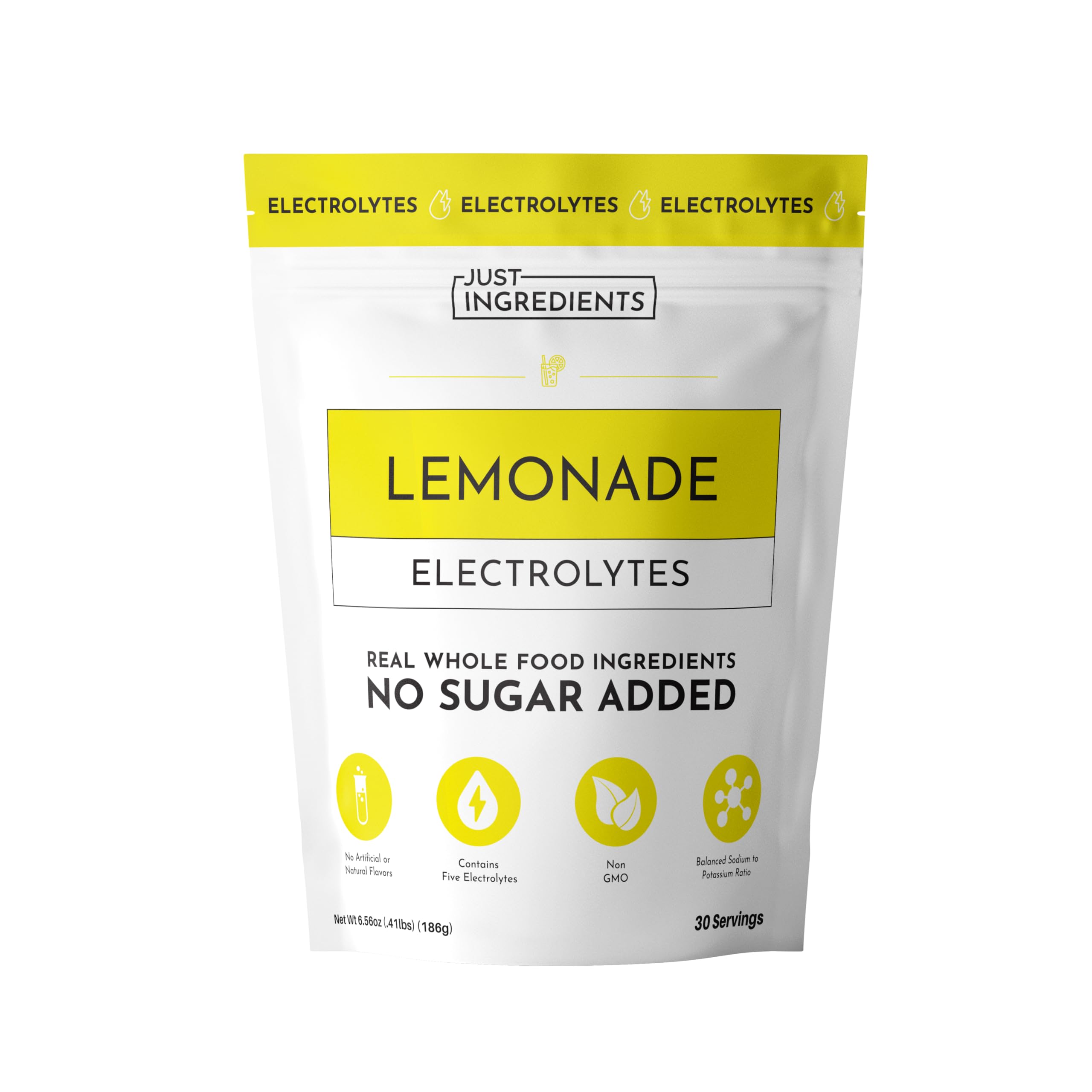 JUST INGREDIENTS Lemonade Electrolytes bottle pouring for quick post-workout hydration