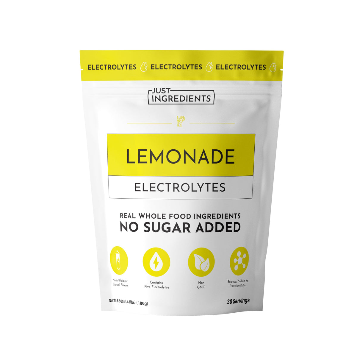 JUST INGREDIENTS Lemonade Electrolytes bottle pouring for quick post-workout hydration