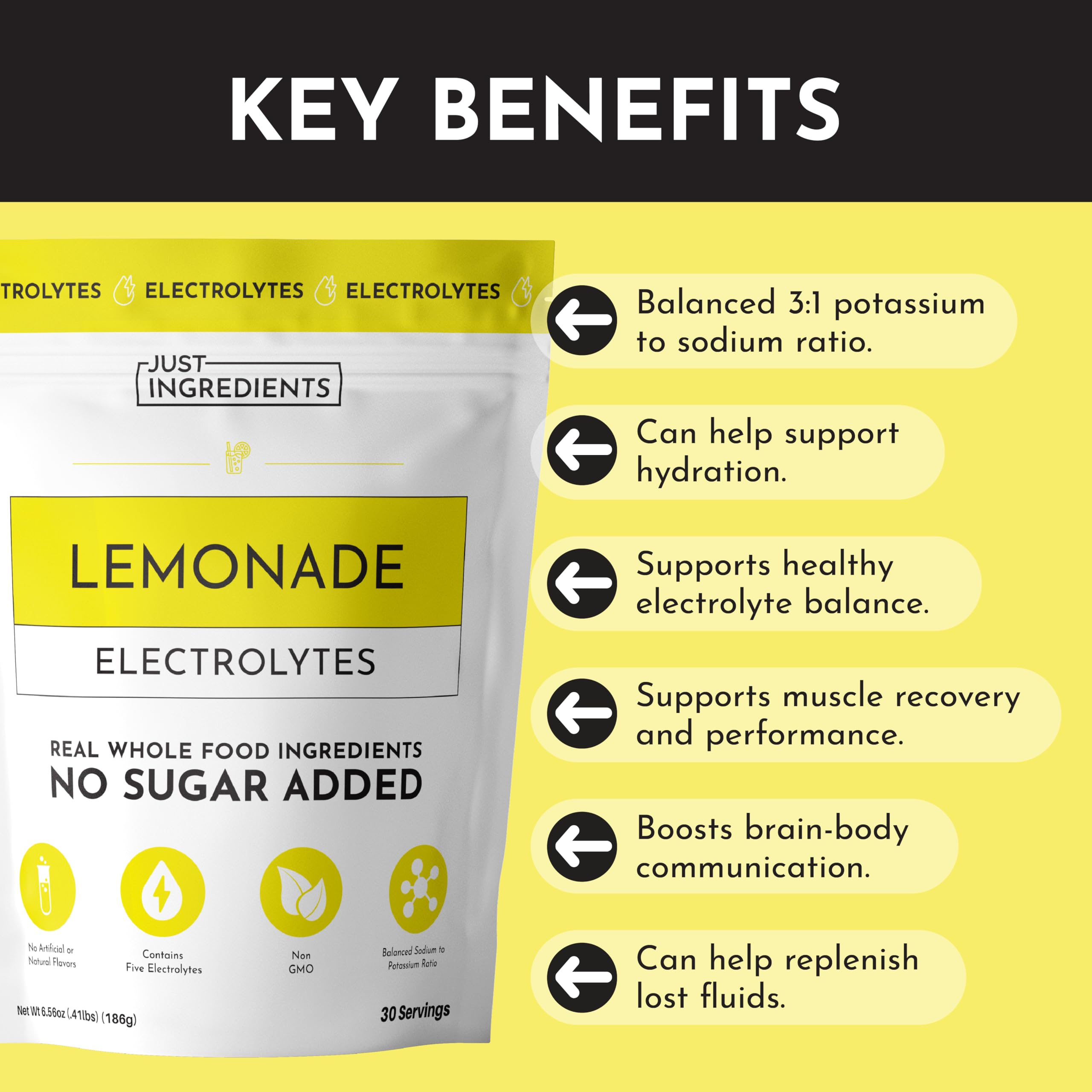 JUST INGREDIENTS Lemonade Electrolytes coconut water graphic on tub packaging for on-the-go refreshment