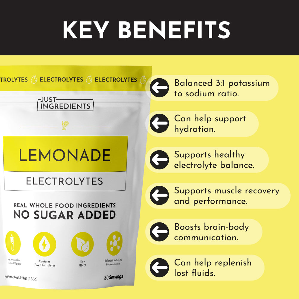 JUST INGREDIENTS Lemonade Electrolytes coconut water graphic on tub packaging for on-the-go refreshment