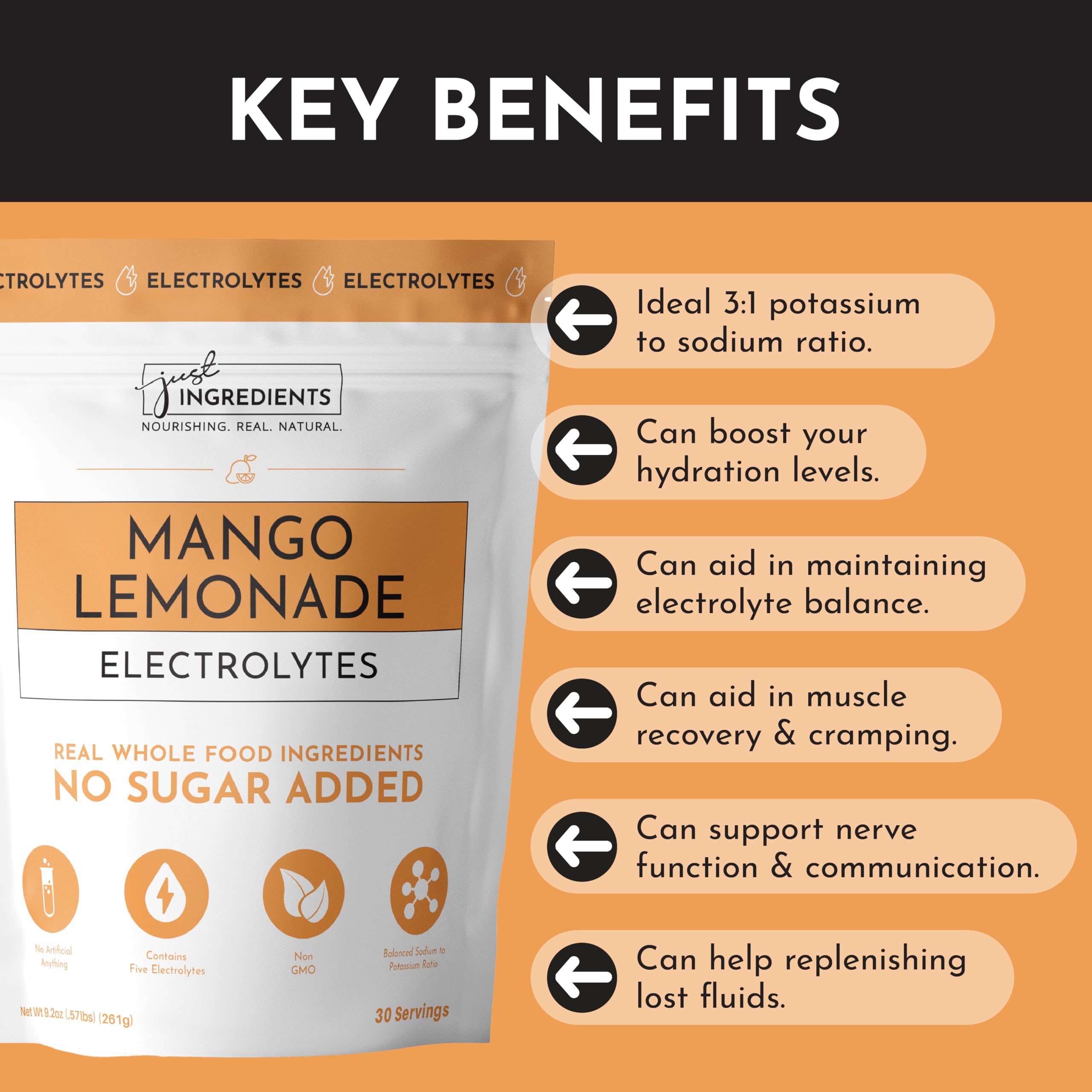 Dissolving JUST INGREDIENTS Mango Lemonade electrolyte powder for fast hydration.