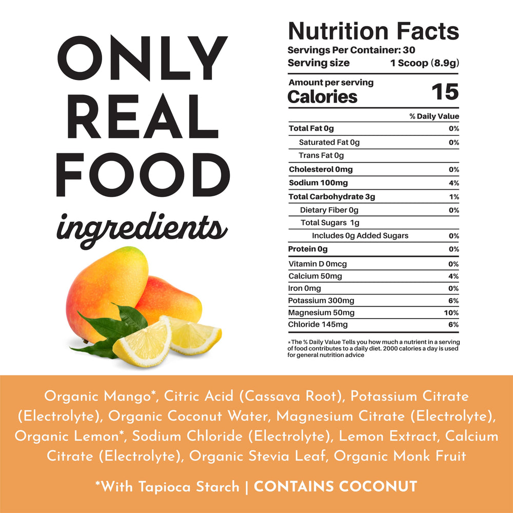 Hydration during hot weather with JUST INGREDIENTS Mango Lemonade electrolyte mix.