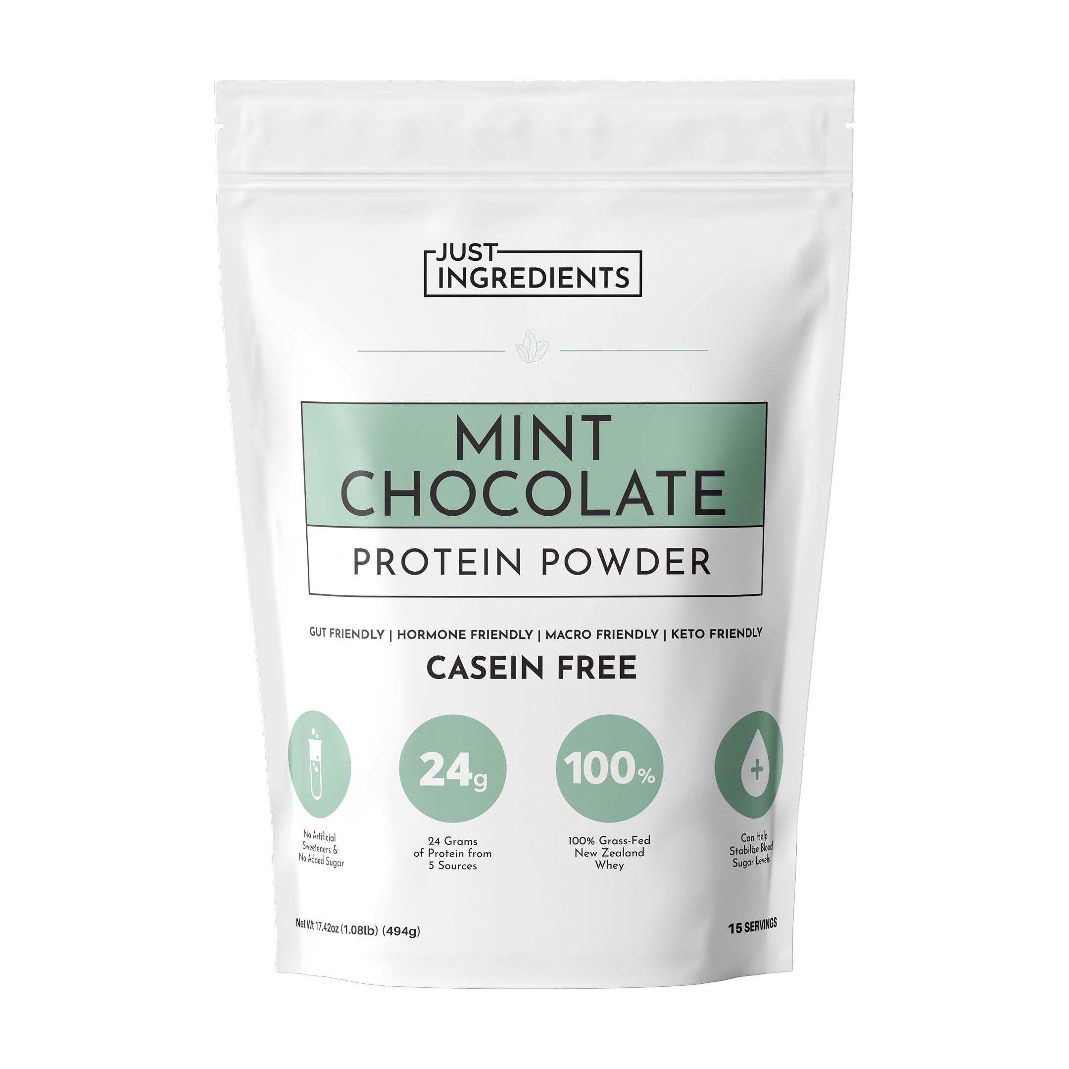 Just Ingredients Mint Chocolate Protein Powder front pack for quick protein boost