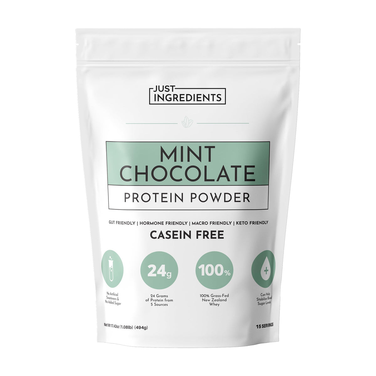 Just Ingredients Mint Chocolate Protein Powder front pack for quick protein boost