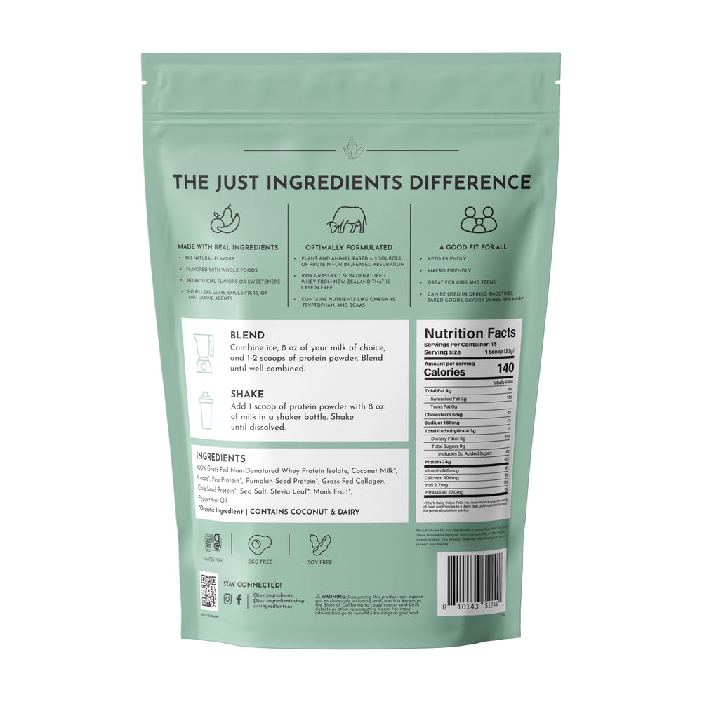 Just Ingredients Mint Chocolate Protein Powder scoop closeup ready to mix
