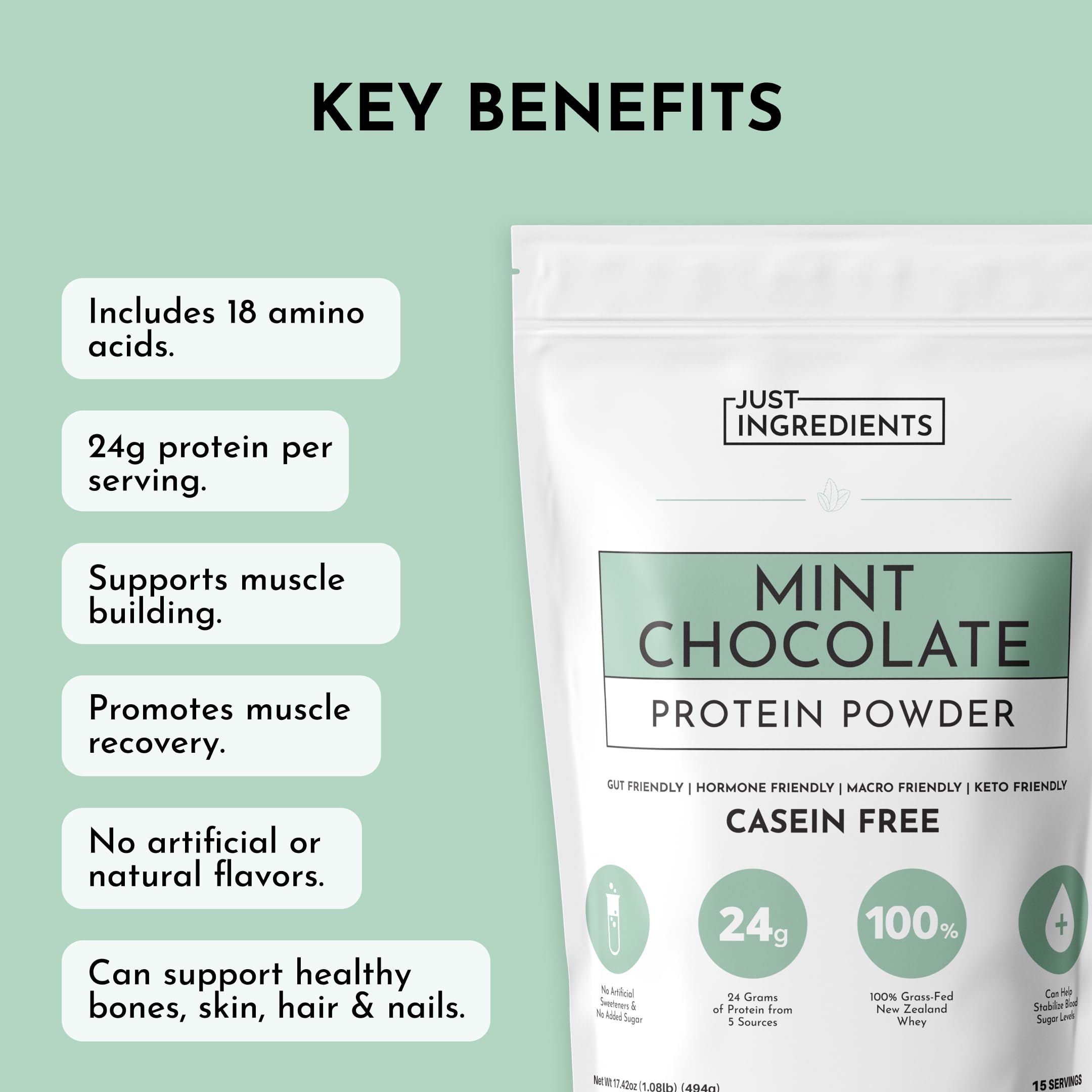 Just Ingredients Mint Chocolate Protein Shake glass with minty, refreshing flavor