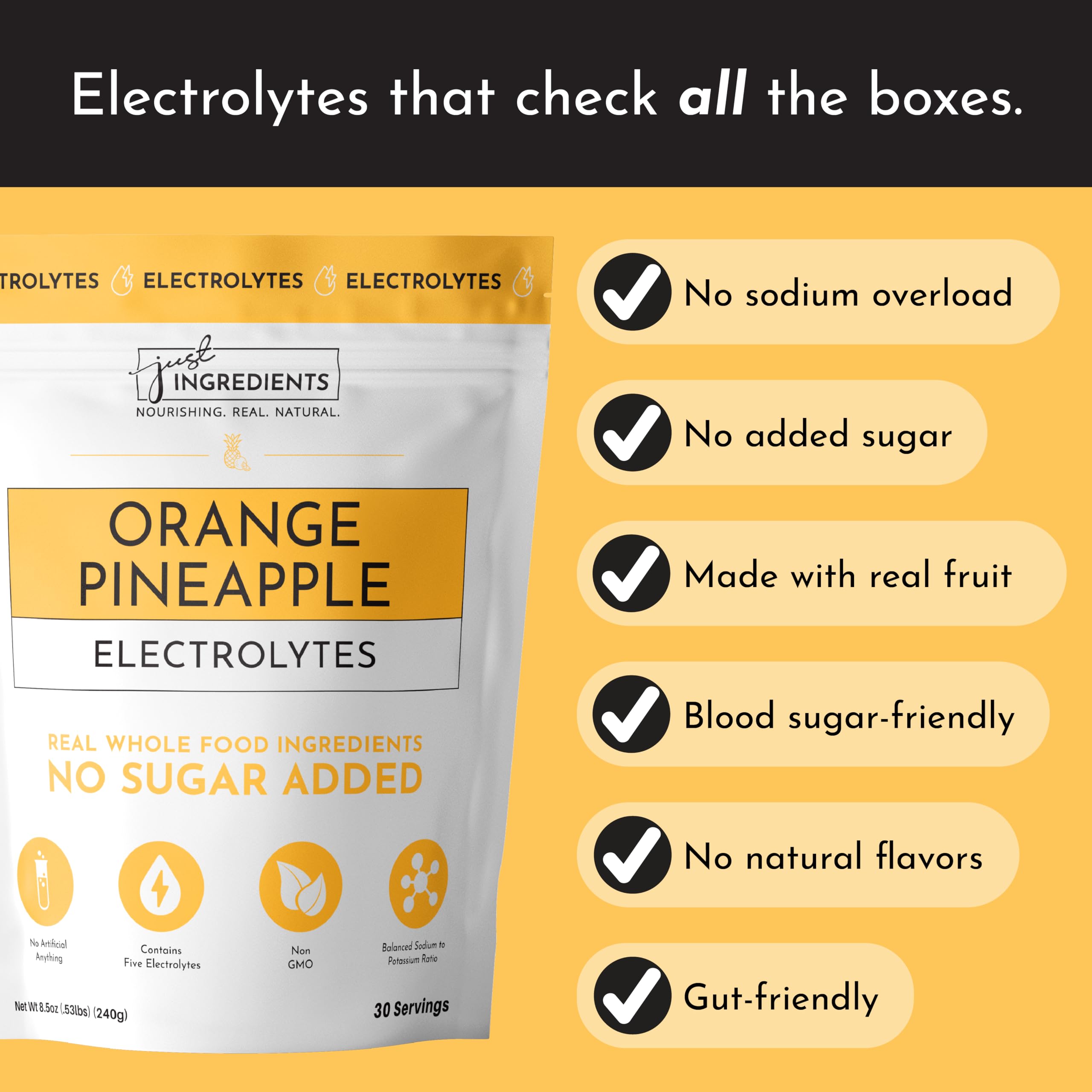 Just Ingredients Orange Pineapple Electrolytes with real fruit extracts signals clean, fruity flavor.