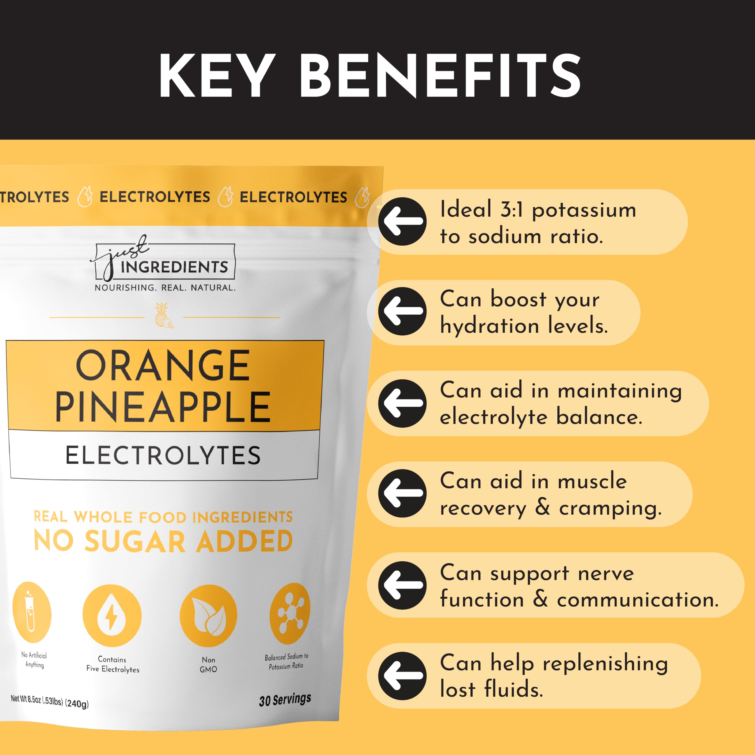 Just Ingredients Orange Pineapple Electrolytes glass with ice highlights real flavor and hydration.