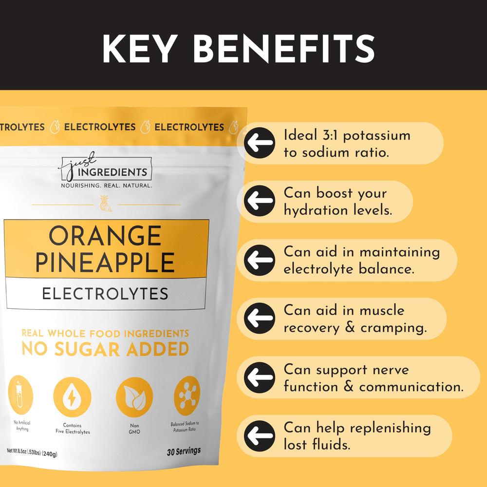 Just Ingredients Orange Pineapple Electrolytes glass with ice highlights real flavor and hydration.