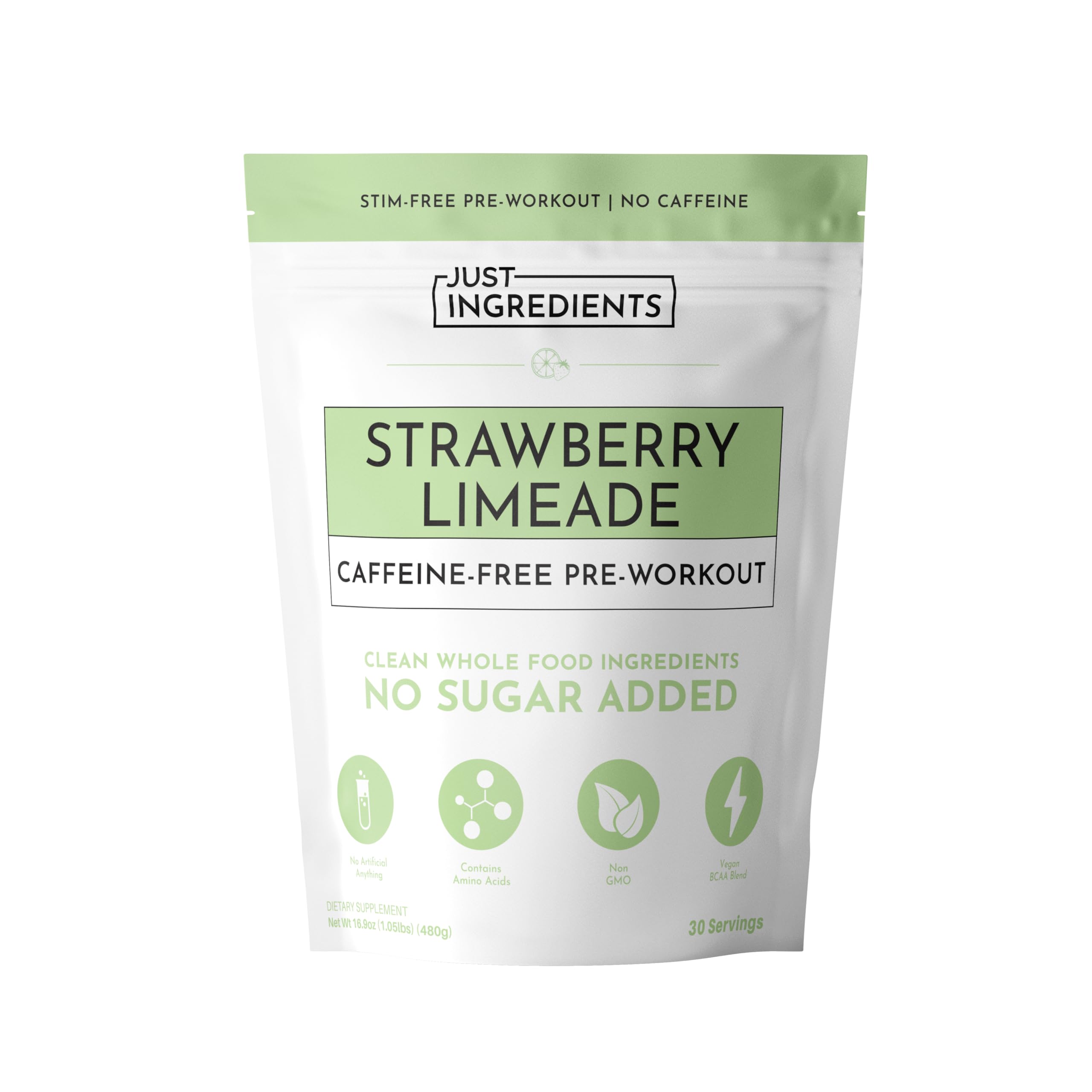 JUST INGREDIENTS pre-workout strawberry lemonade bottle offers caffeine-free energy for workouts.