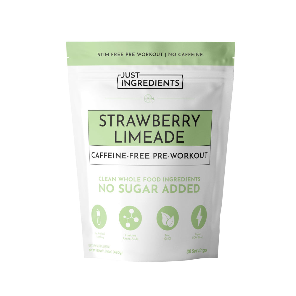 JUST INGREDIENTS pre-workout strawberry lemonade bottle offers caffeine-free energy for workouts.