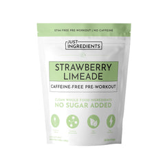 JUST INGREDIENTS pre-workout strawberry lemonade bottle offers caffeine-free energy for workouts.