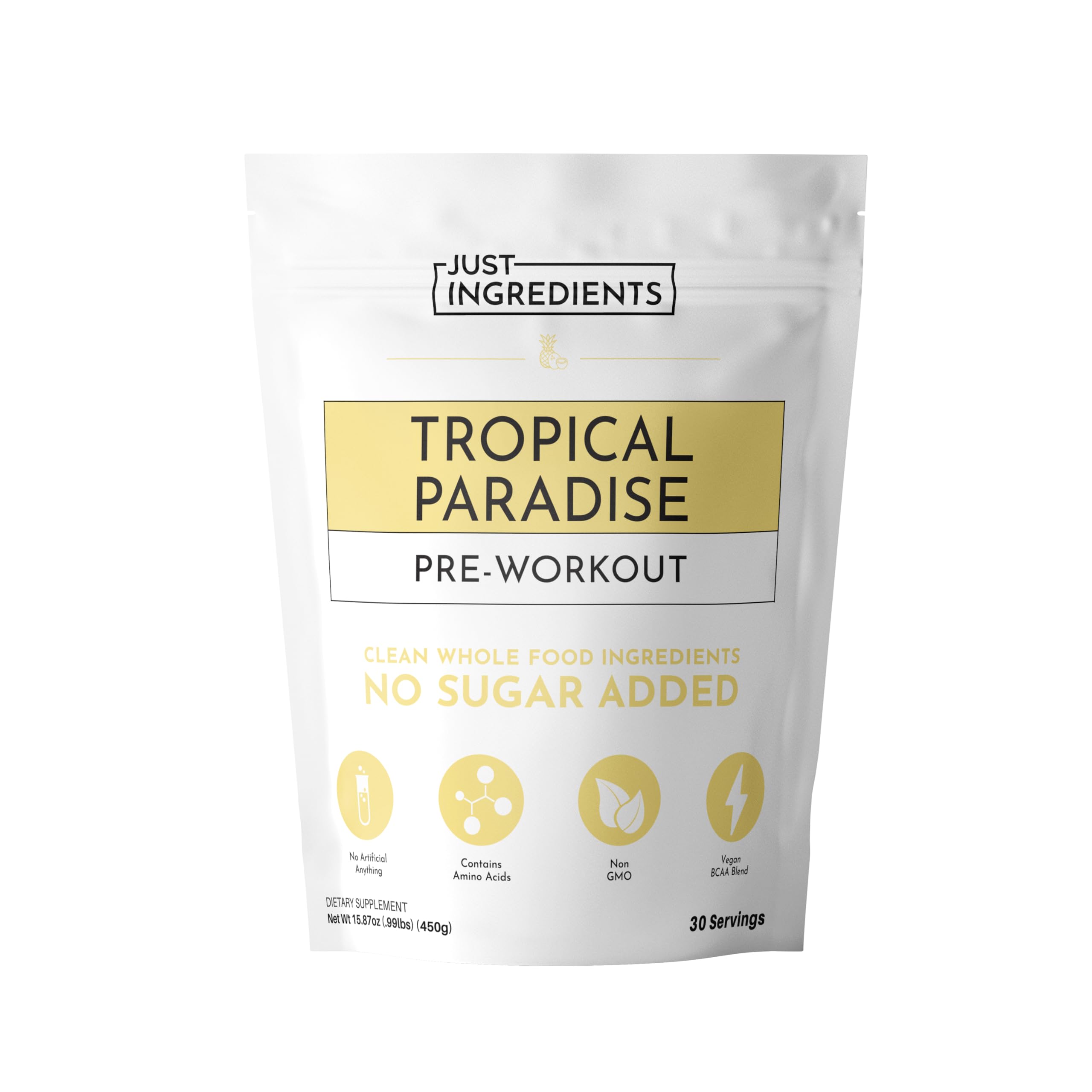 JUST INGREDIENTS Pre-Workout Tropical Paradise bottle boosts focus and energy for workouts.
