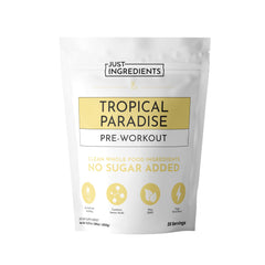 JUST INGREDIENTS Pre-Workout Tropical Paradise bottle boosts focus and energy for workouts.