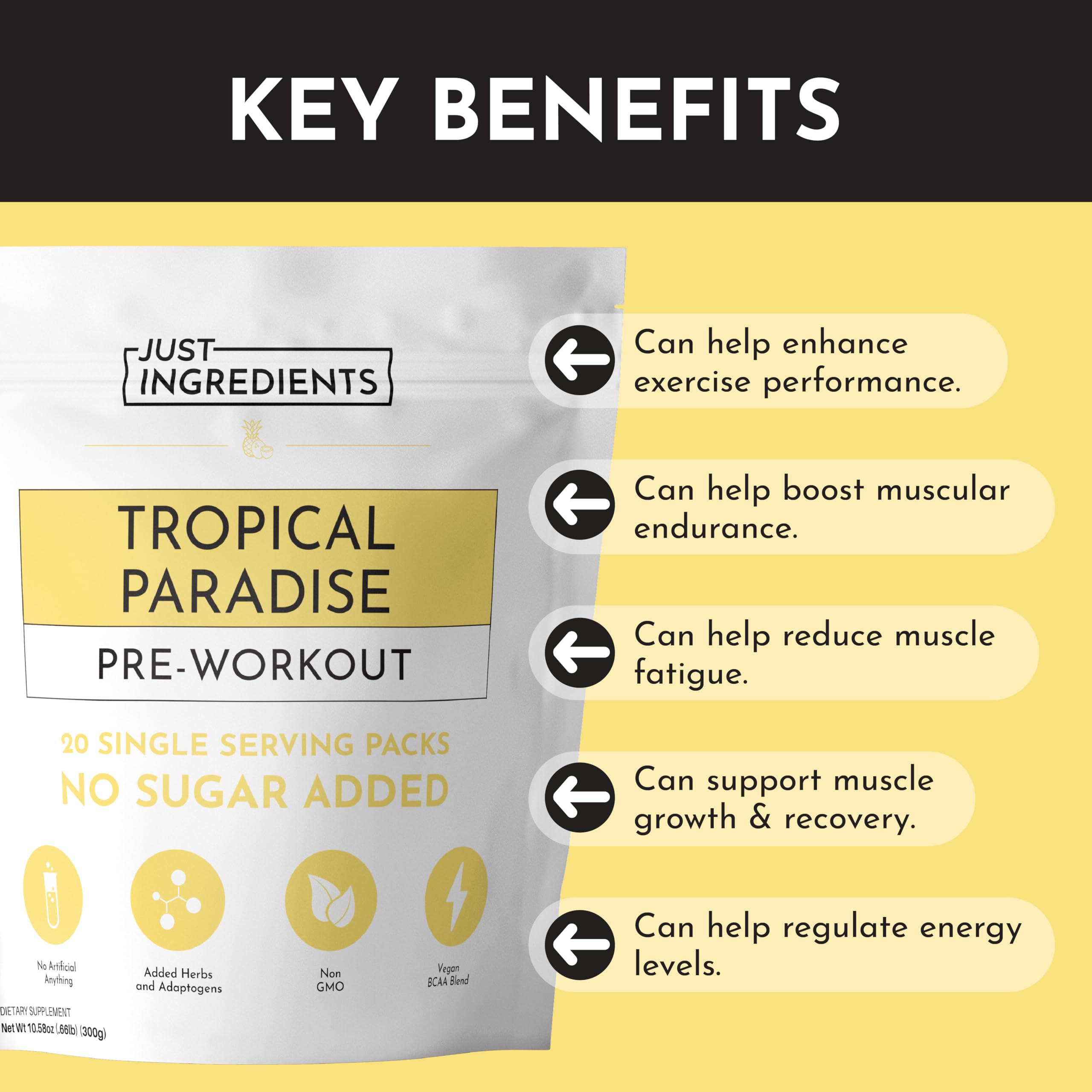 JUST INGREDIENTS label close-up highlights gluten-free formula and no artificial additives.