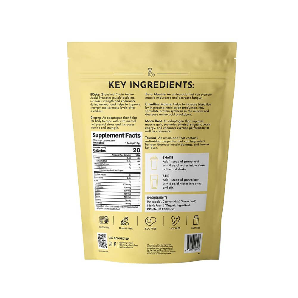 JUST INGREDIENTS Pre-Workout Tropical Paradise scoop with real ingredients enhances stamina.