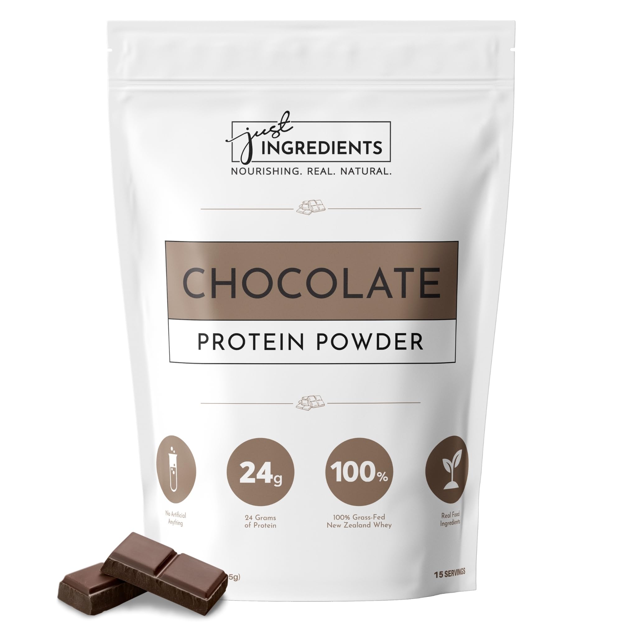Just Ingredients protein powder chocolate bottle, ideal for post-workout shakes.