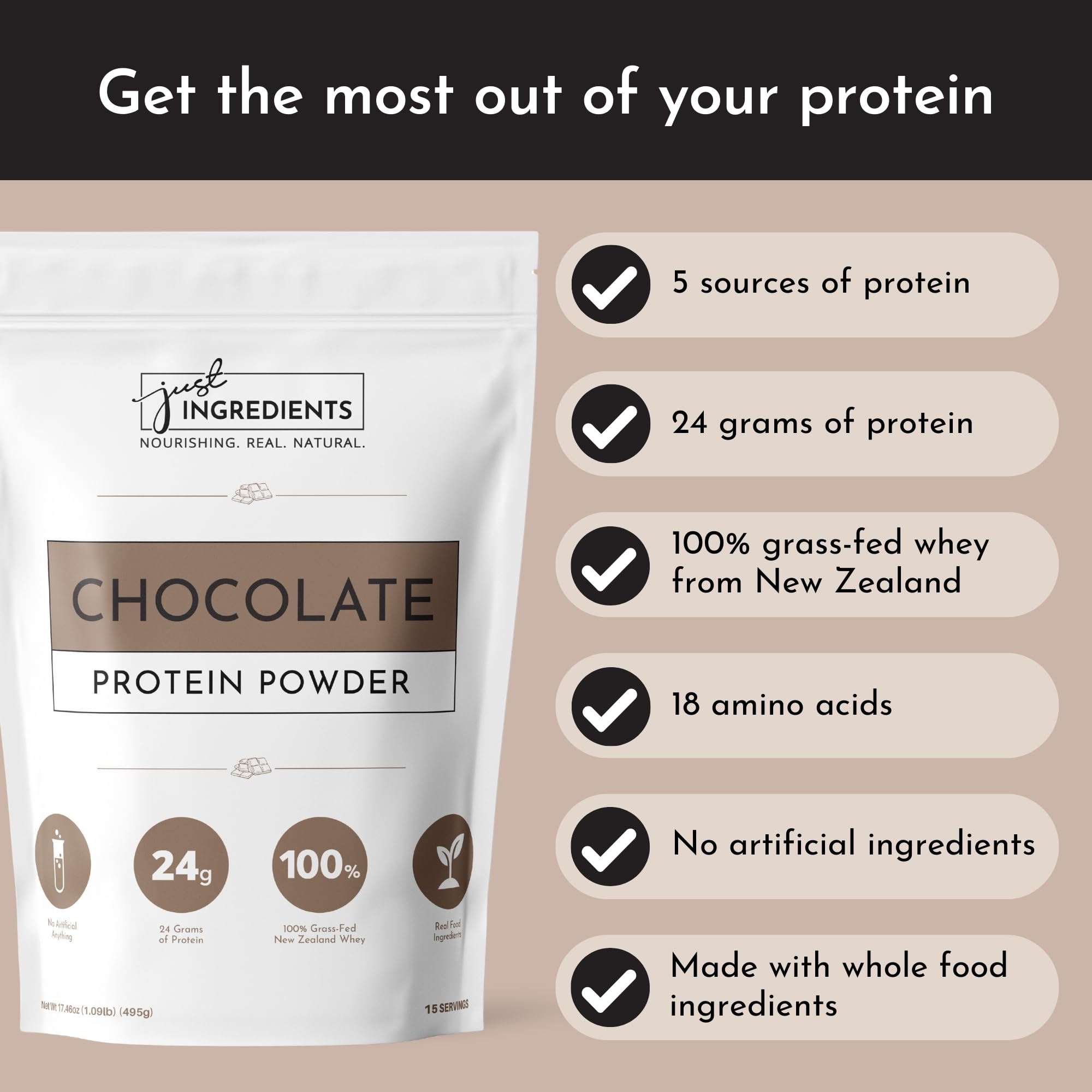 Just Ingredients chocolate protein powder close-up, creamy texture and rich aroma.