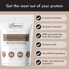 Just Ingredients chocolate protein powder close-up, creamy texture and rich aroma.