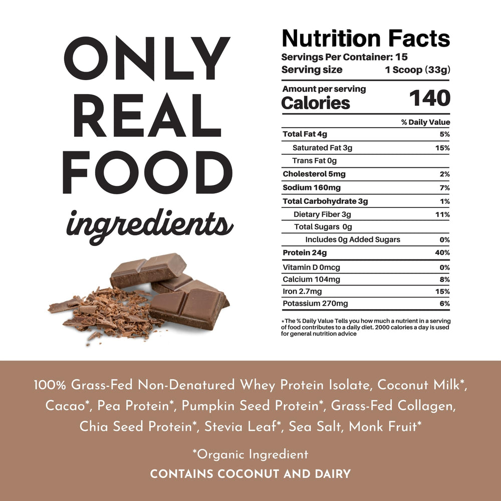 Just Ingredients protein powder chocolate serving scoop, convenient daily nutrition.
