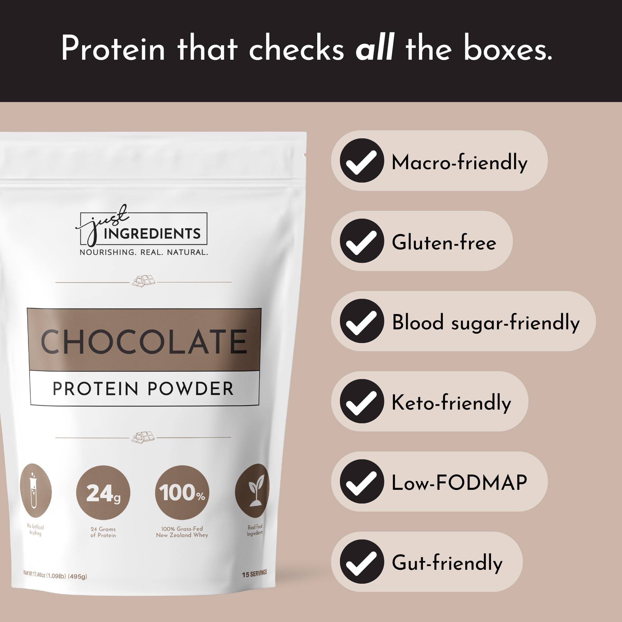 Just Ingredients protein powder chocolate smoothie, perfect low-sugar protein boost.