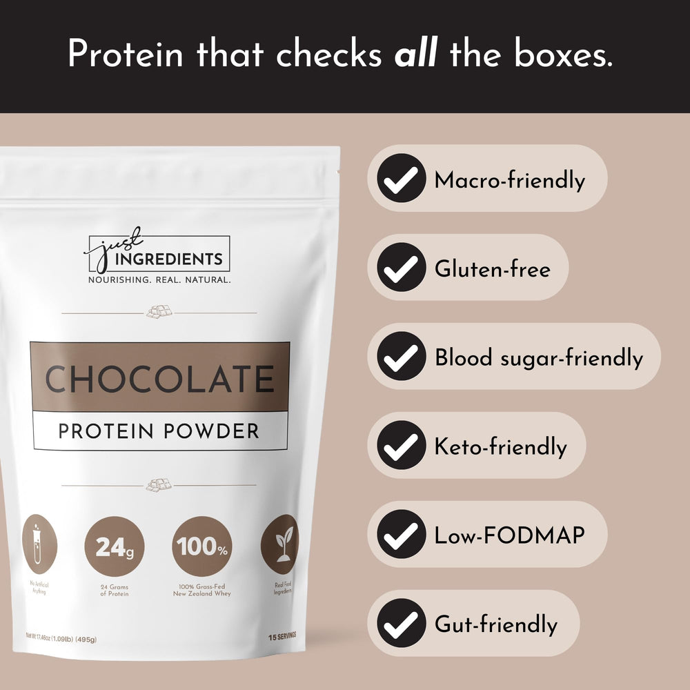 Just Ingredients protein powder chocolate smoothie, perfect low-sugar protein boost.