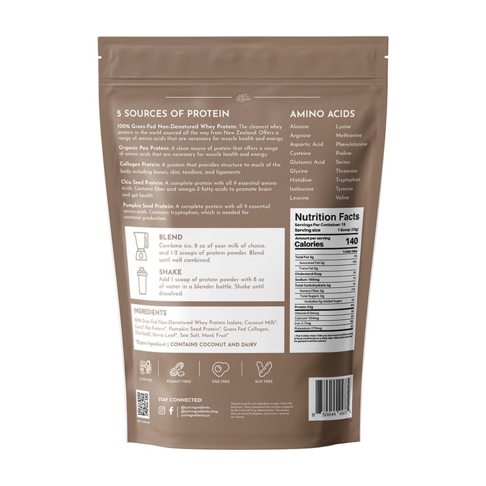Just Ingredients protein powder chocolate tub beside glass, versatile kitchen staple.