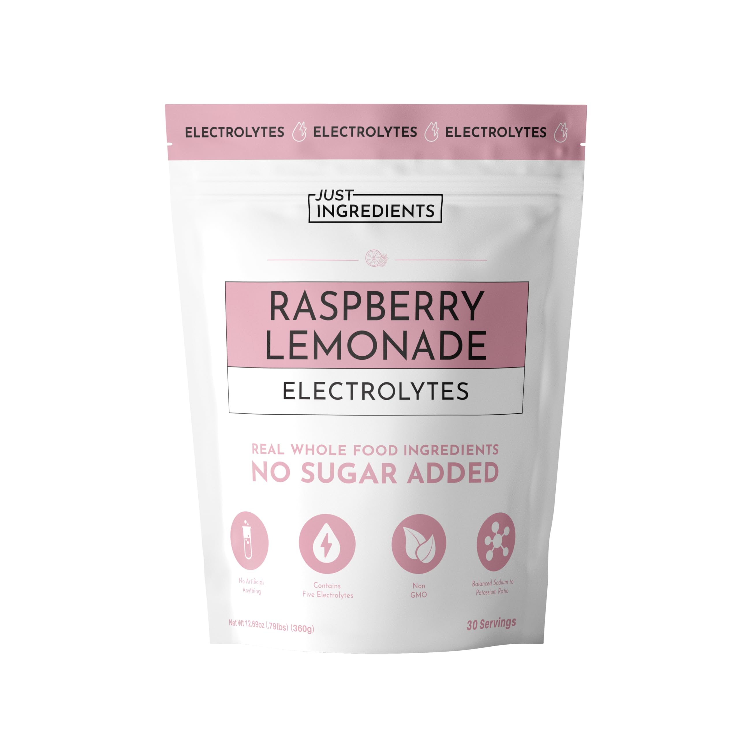 JUST INGREDIENTS Raspberry Lemonade Electrolytes bag front for daily hydration