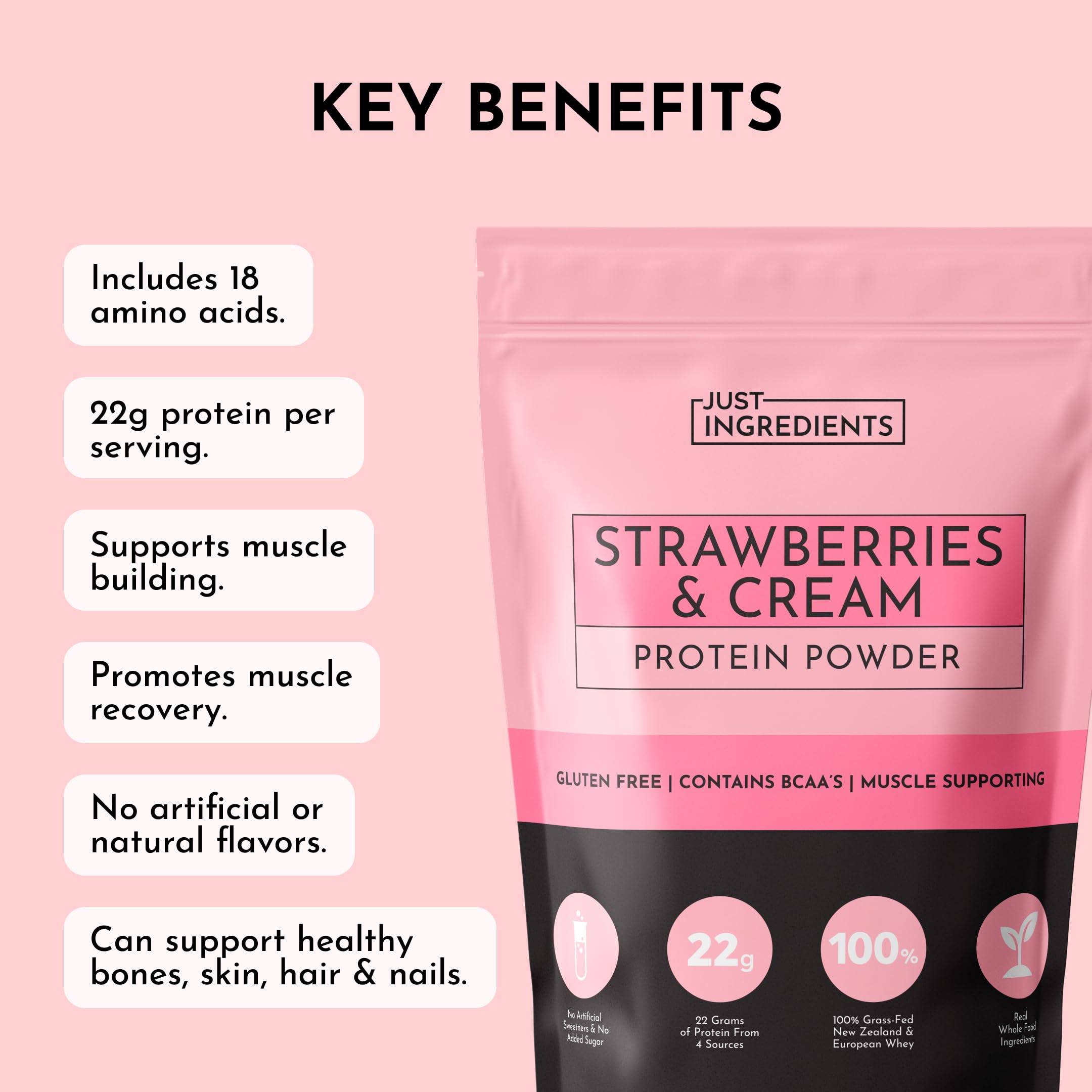 Just Ingredients Strawberries & Cream tub reveals transparent ingredients for trust.