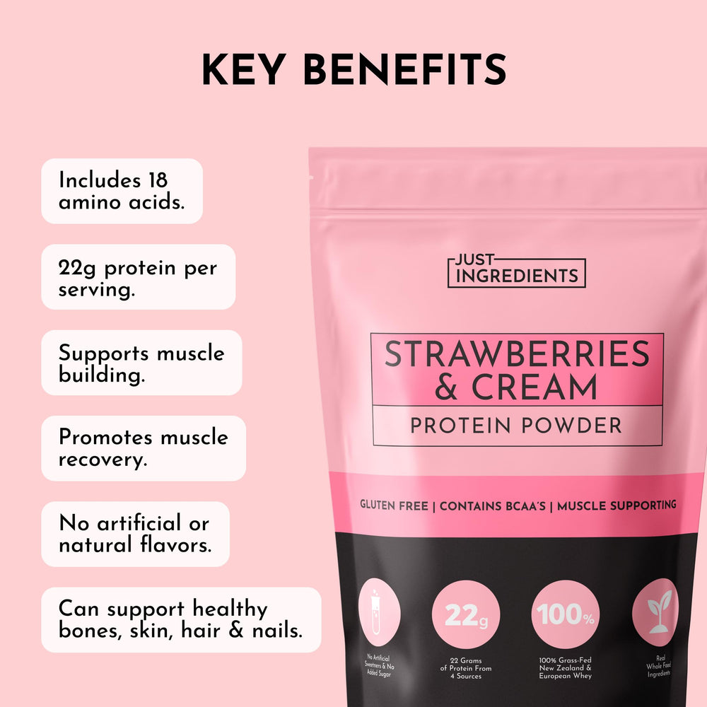 Just Ingredients Strawberries & Cream tub reveals transparent ingredients for trust.
