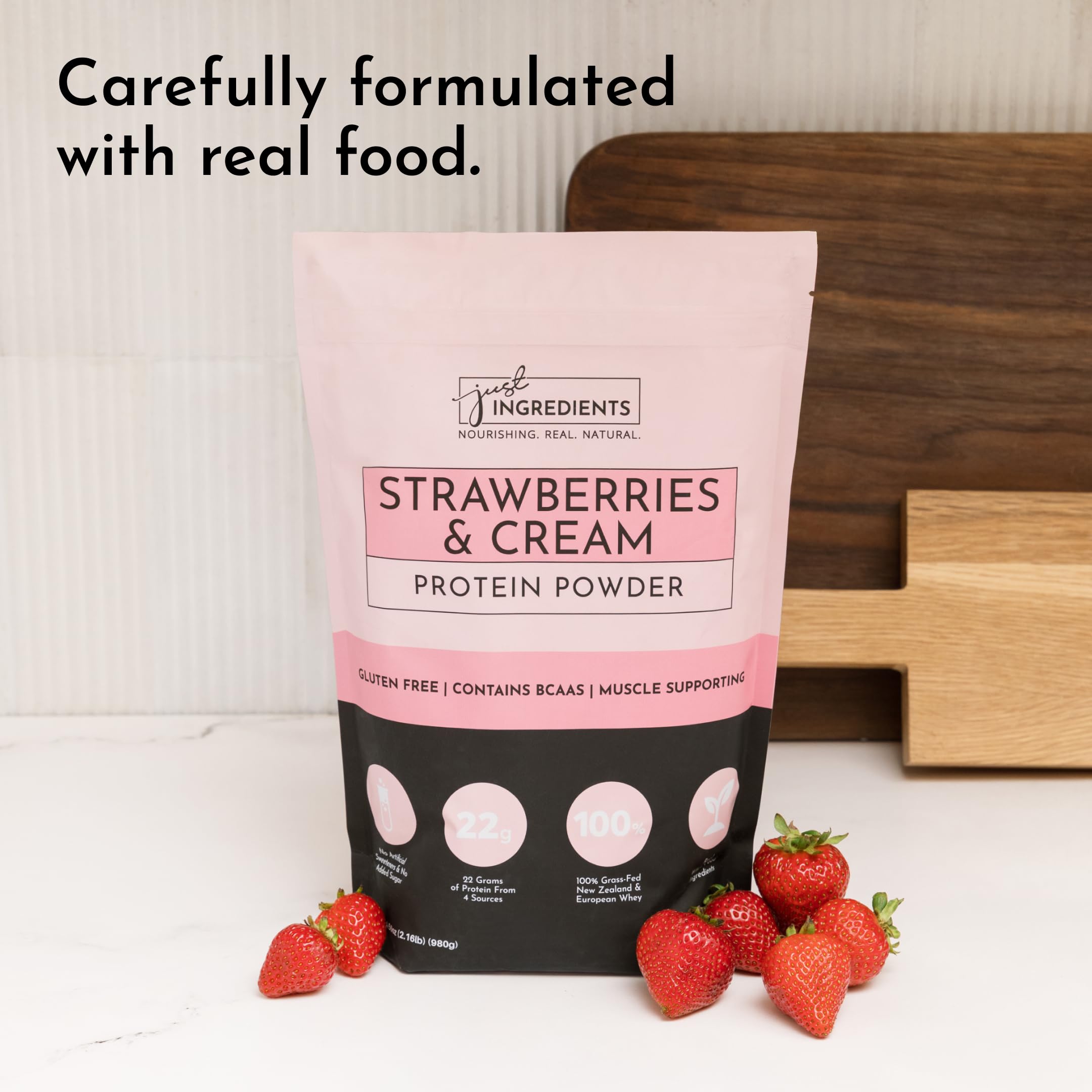 Just Ingredients Strawberries & Cream powder folded into yogurt suggests easy customization.