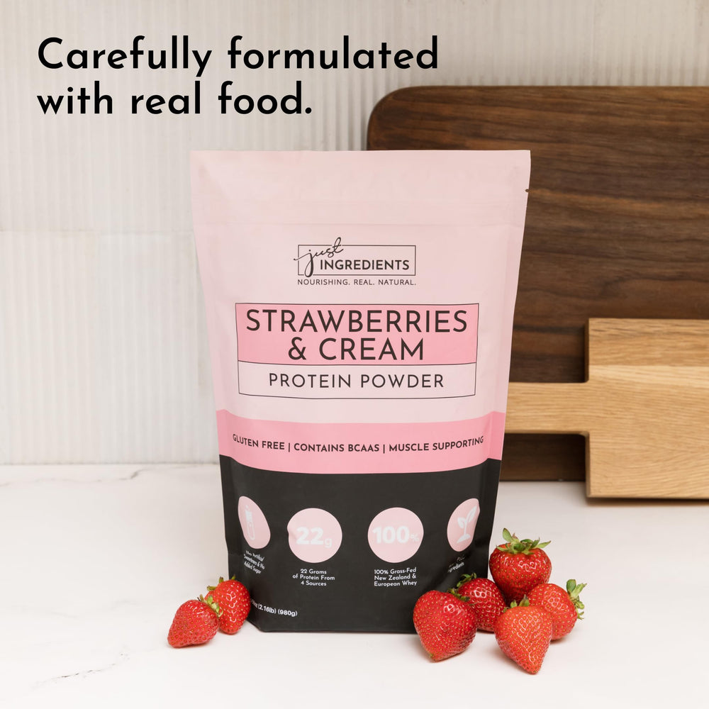 Just Ingredients Strawberries & Cream powder folded into yogurt suggests easy customization.
