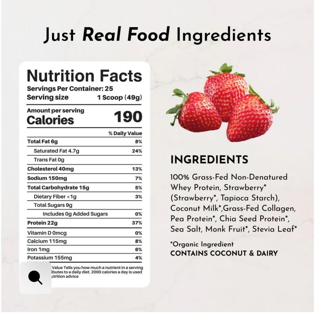 Just Ingredients Strawberries & Cream scoop beside a bowl highlights collagen-friendly texture.