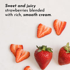 Just Ingredients Strawberries & Cream protein powder tub front label highlights 22g protein per serving for energy.