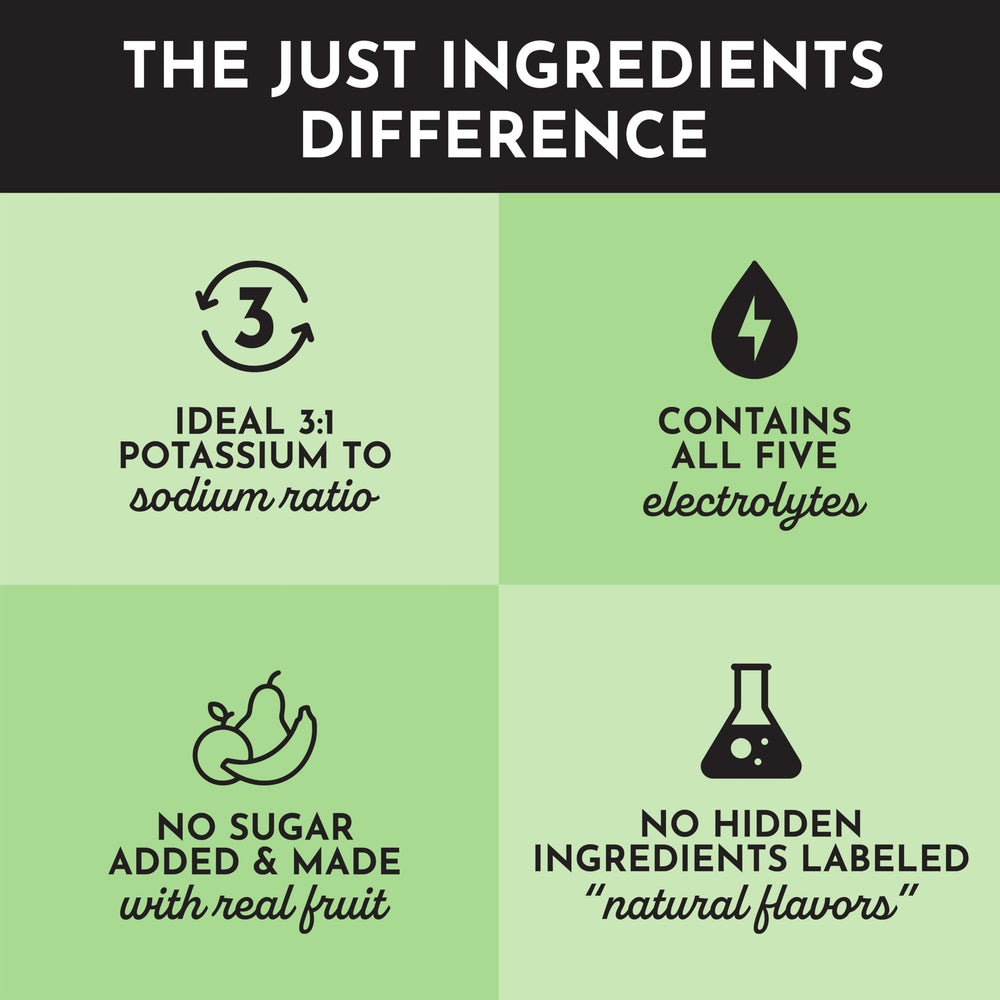 JUST INGREDIENTS ingredients label highlights minerals and plant-based sweeteners for clean flavor.