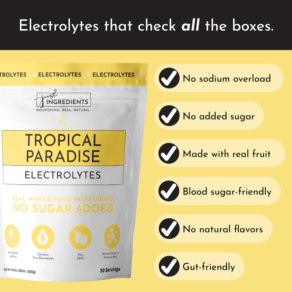 Just Ingredients Tropical Paradise Electrolytes bottle on counter ready to mix