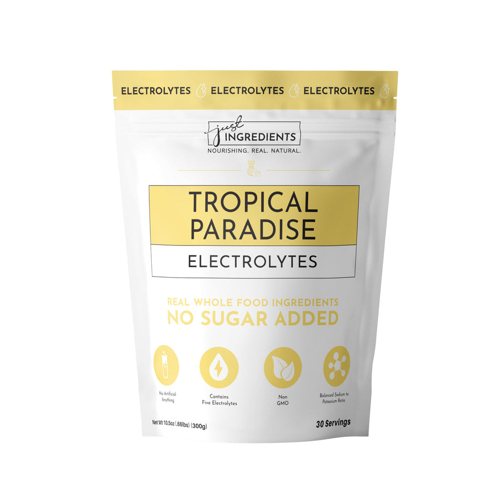 Just Ingredients Tropical Paradise Electrolytes bottle ready for refreshing workout hydration