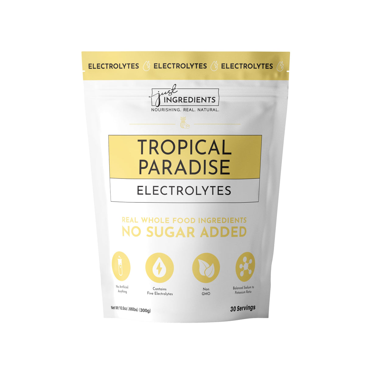 Just Ingredients Tropical Paradise Electrolytes bottle ready for refreshing workout hydration