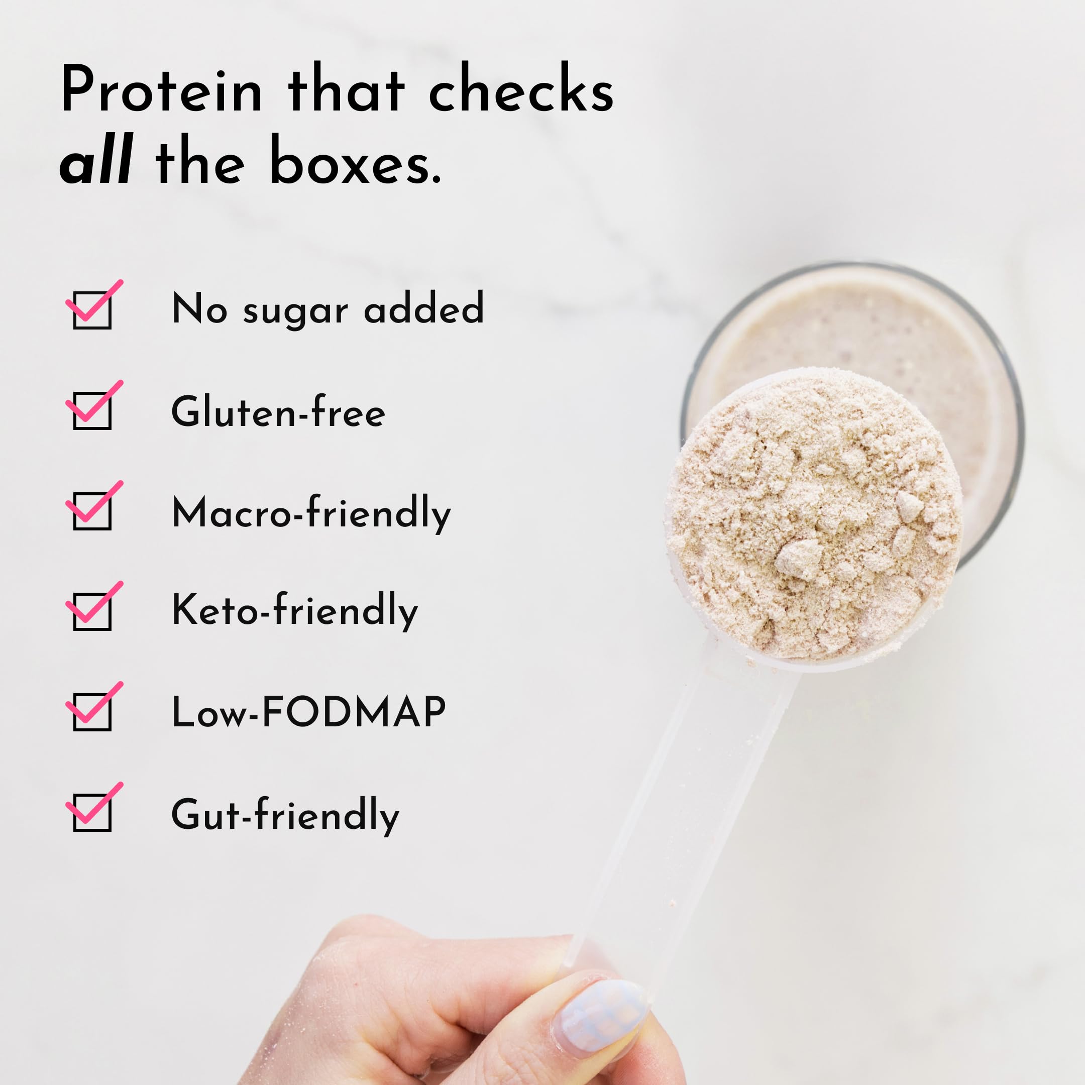 JUST INGREDIENTS Vanilla Bean Protein Powder in shake demonstrates versatile use.