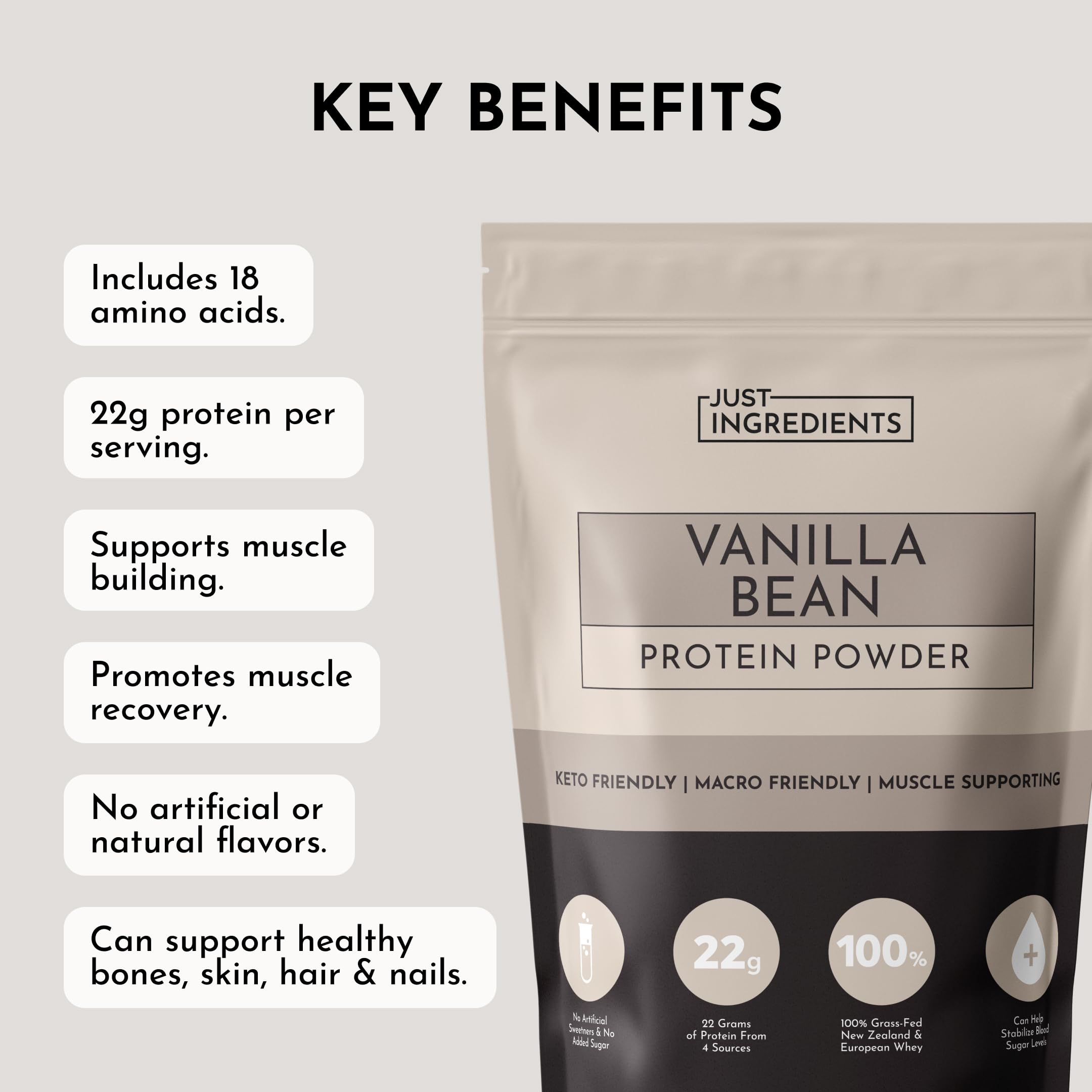JUST INGREDIENTS Vanilla Bean Protein Powder label highlights clean, transparent ingredients.
