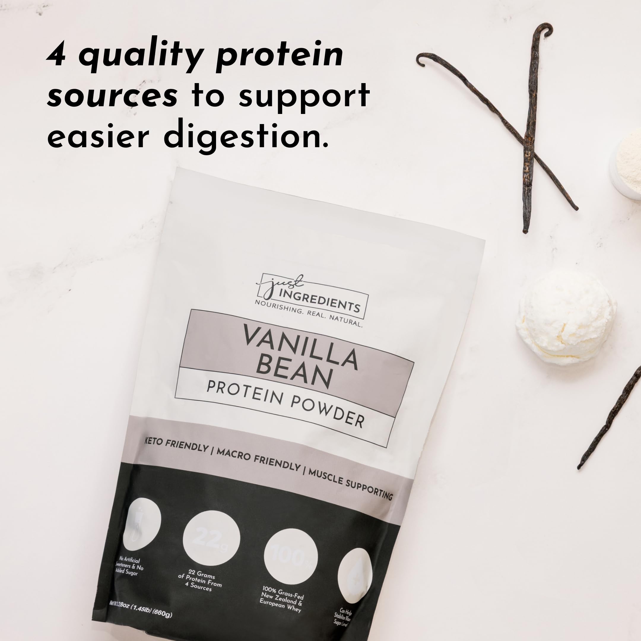 JUST INGREDIENTS Vanilla Bean Protein Powder on counter signals daily protein option.