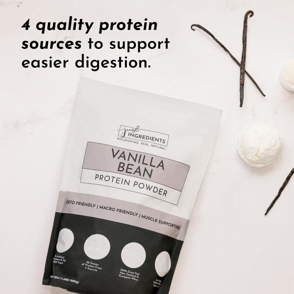 JUST INGREDIENTS Vanilla Bean Protein Powder on counter signals daily protein option.