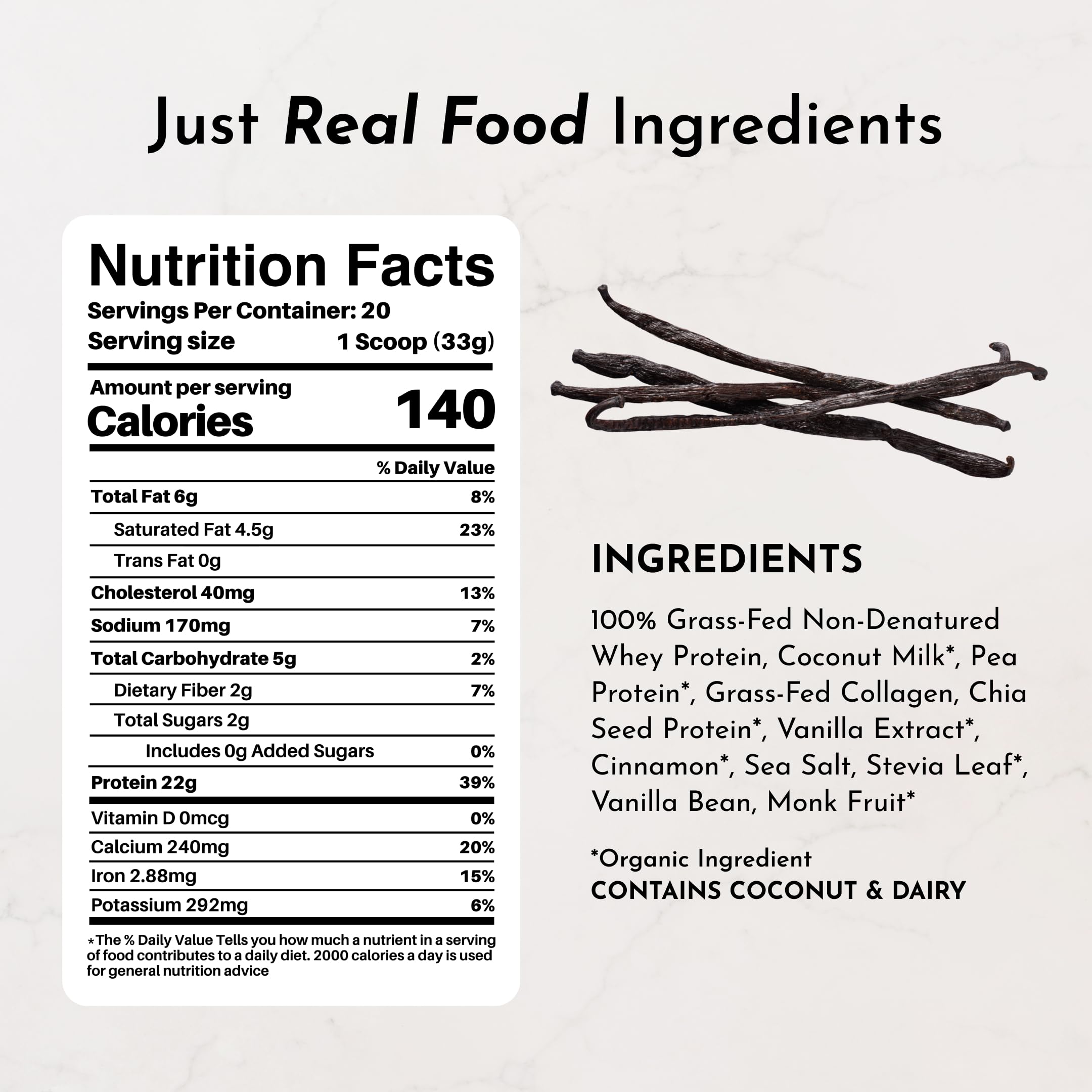 JUST INGREDIENTS Vanilla Bean Protein Powder with scoop for convenient portion control.