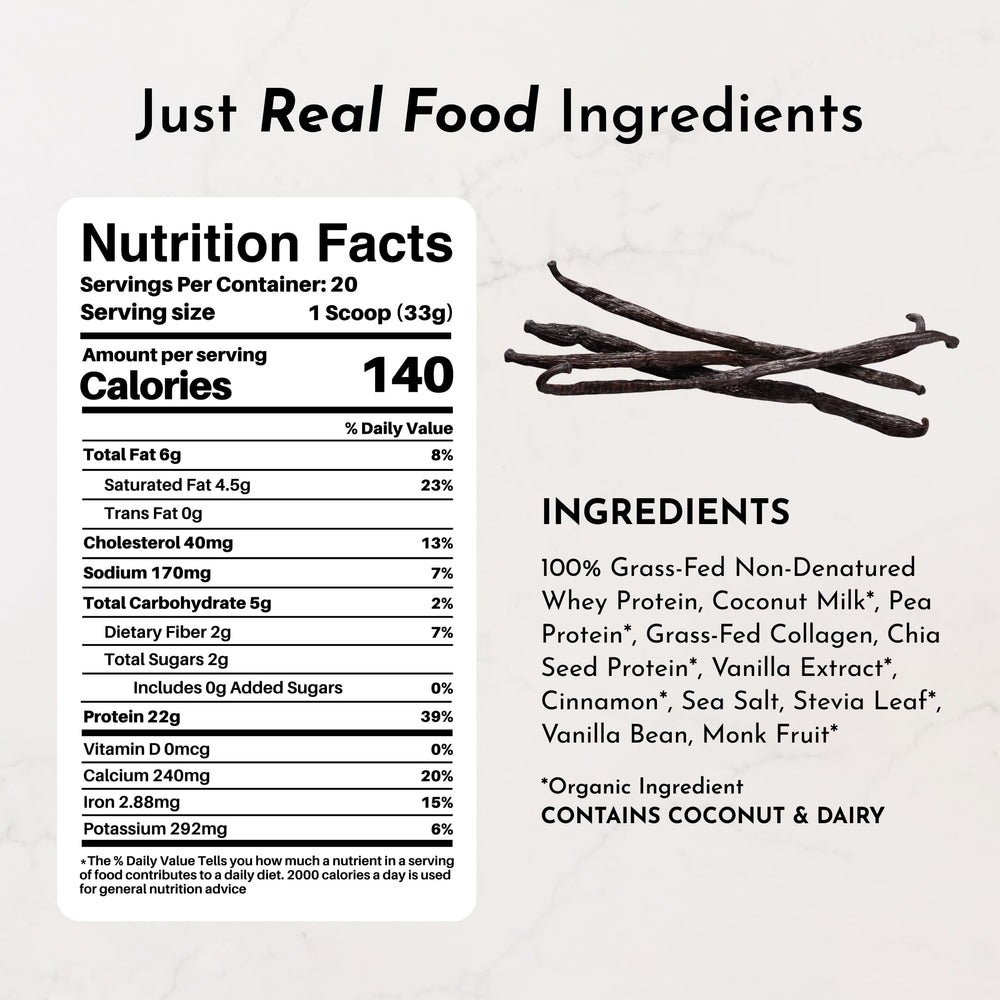 JUST INGREDIENTS Vanilla Bean Protein Powder with scoop for convenient portion control.