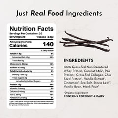 JUST INGREDIENTS Vanilla Bean Protein Powder with scoop for convenient portion control.