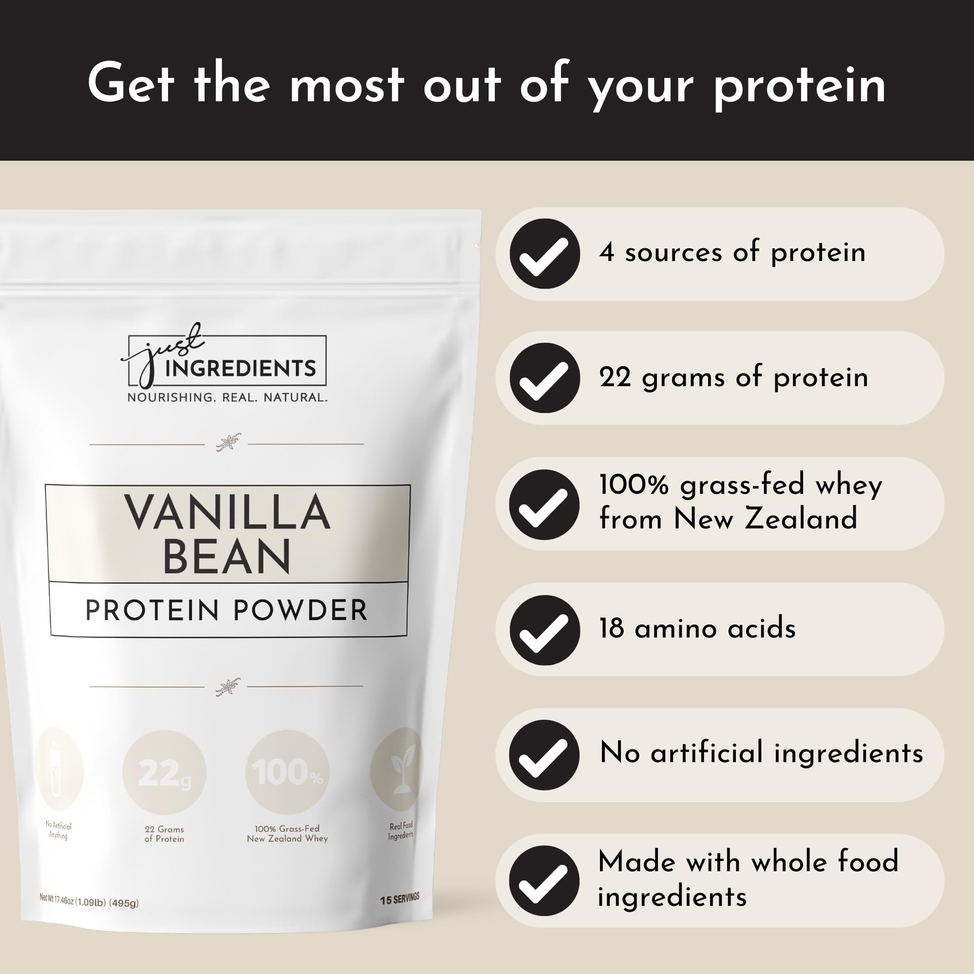 JUST INGREDIENTS Vanilla Protein Powder ingredients panel, multi-source blend supporting flavor and nutrition.