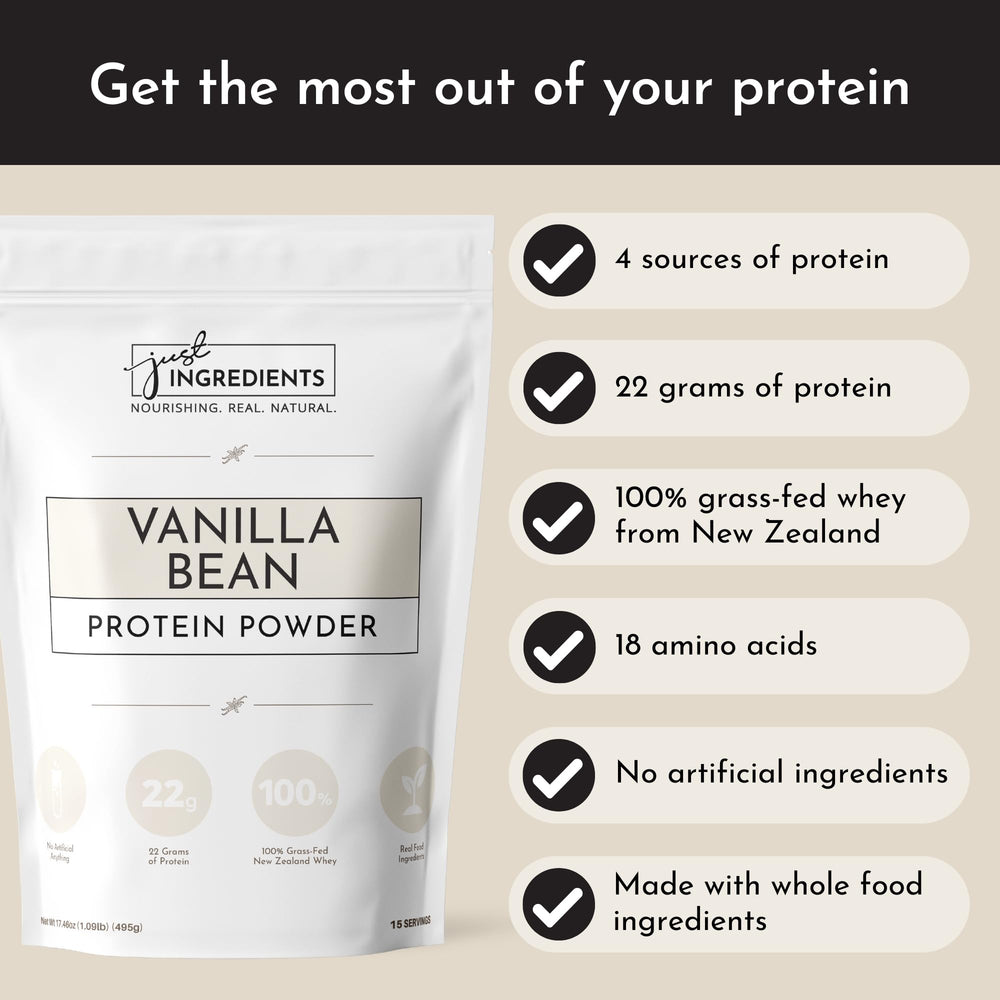 JUST INGREDIENTS Vanilla Protein Powder ingredients panel, multi-source blend supporting flavor and nutrition.