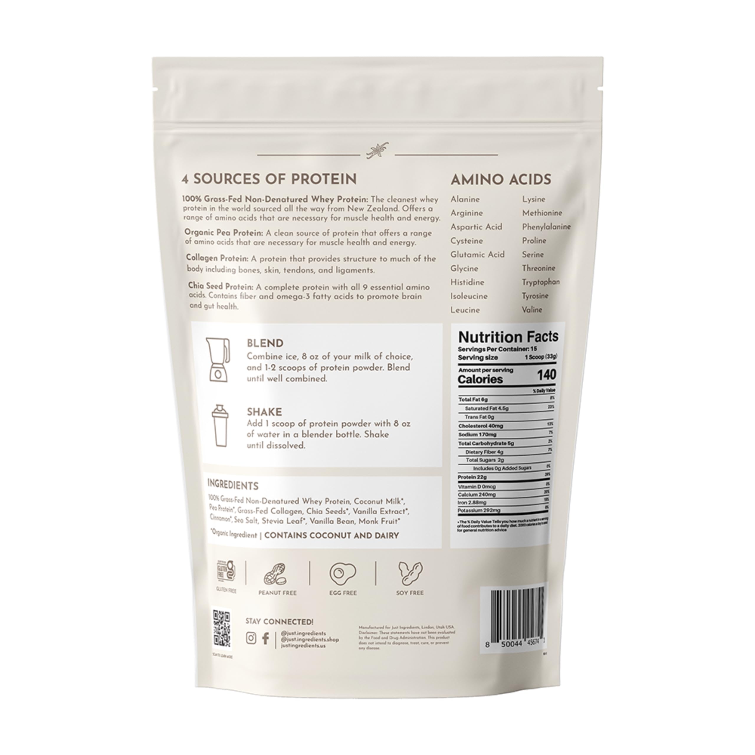 JUST INGREDIENTS Vanilla Protein Powder nutrition facts panel highlights protein and gluten-free status.